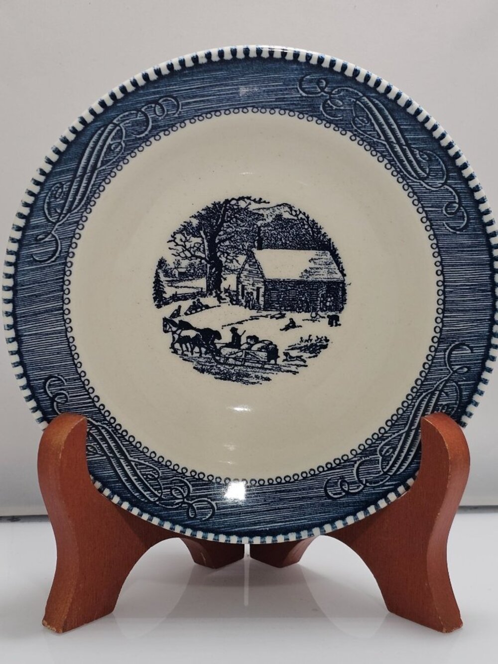 Currier Ives Schoolhouse Blue Bowl 6.5" Royal Pottery winter scene made USA 50s